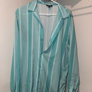 Men's Aqua Striped Casual Button Down Shirt